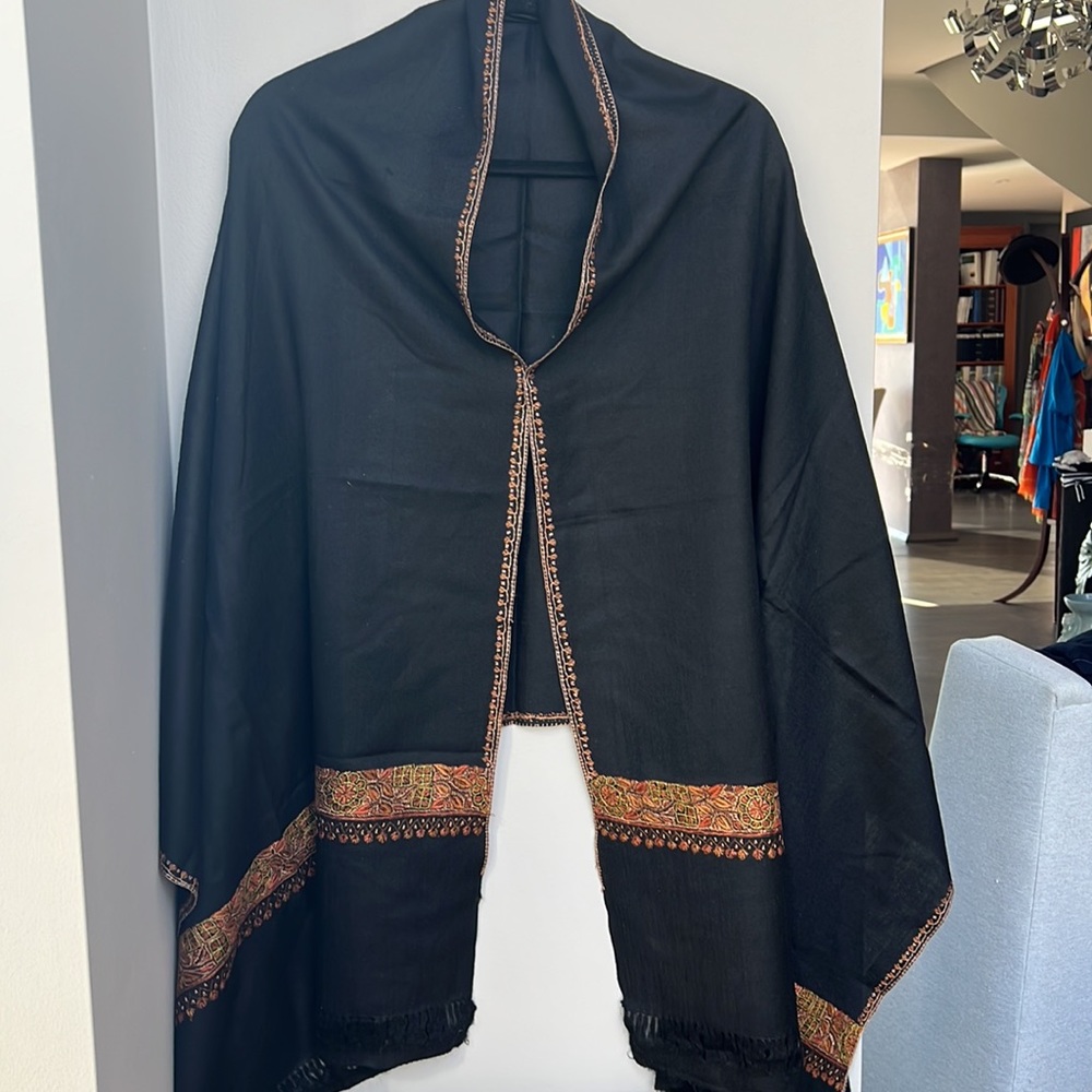 Handed Embroidered wool chale, 82” x 28”